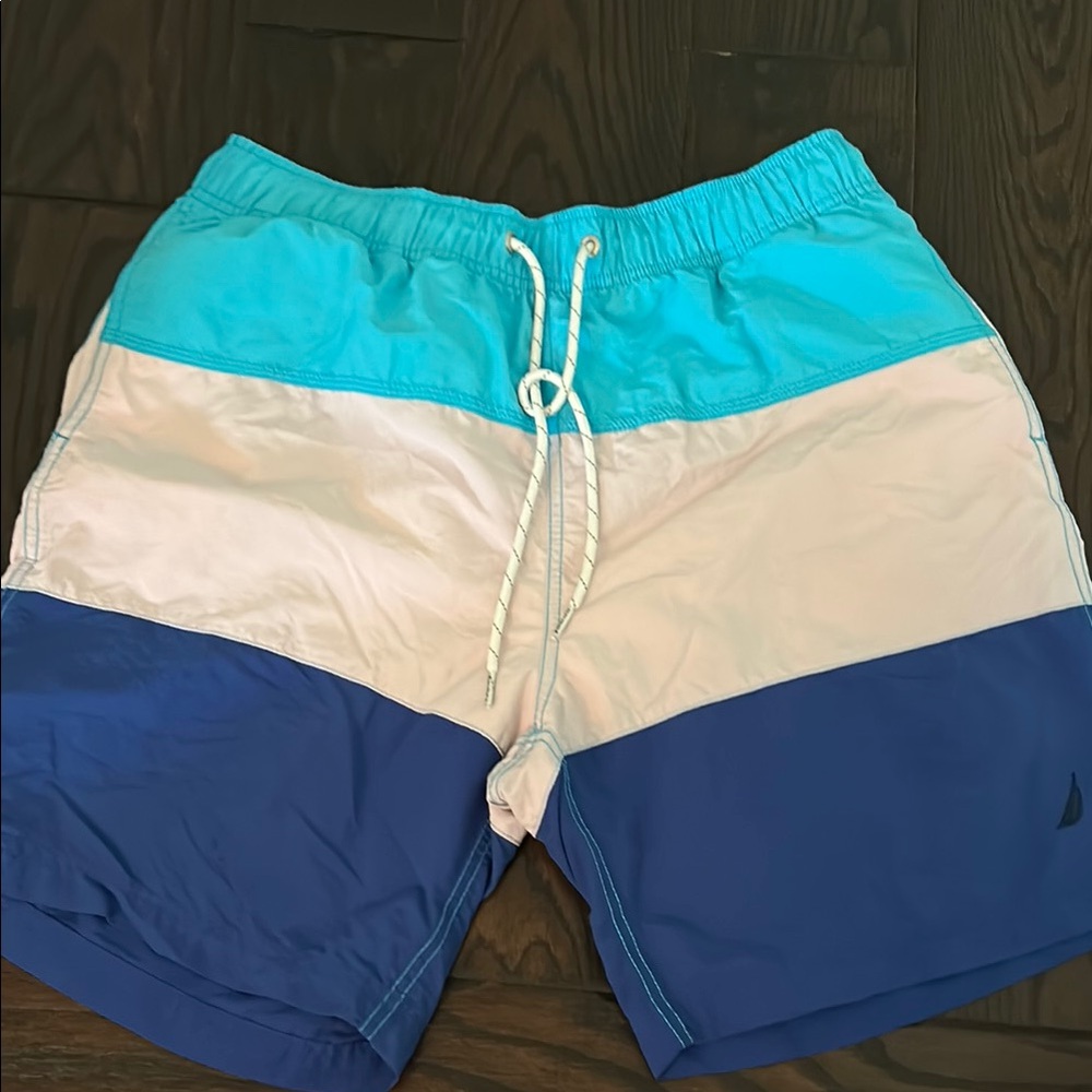 Nautica Blue and White Swim Trunks Quick-Dry Color Block